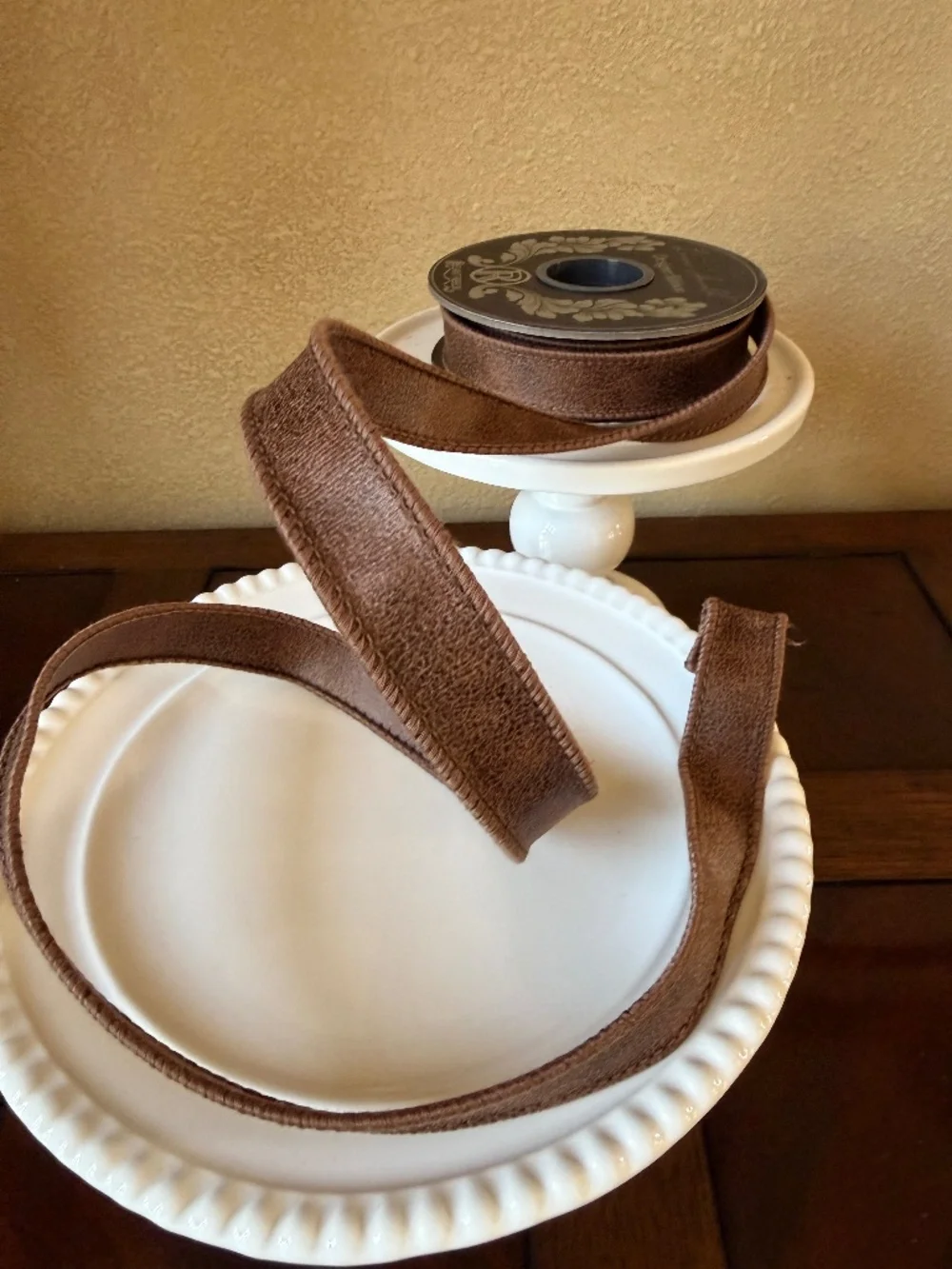 Leather Deluxe Two Sided Wired Edge Ribbon, Brown, Reliant Ribbon